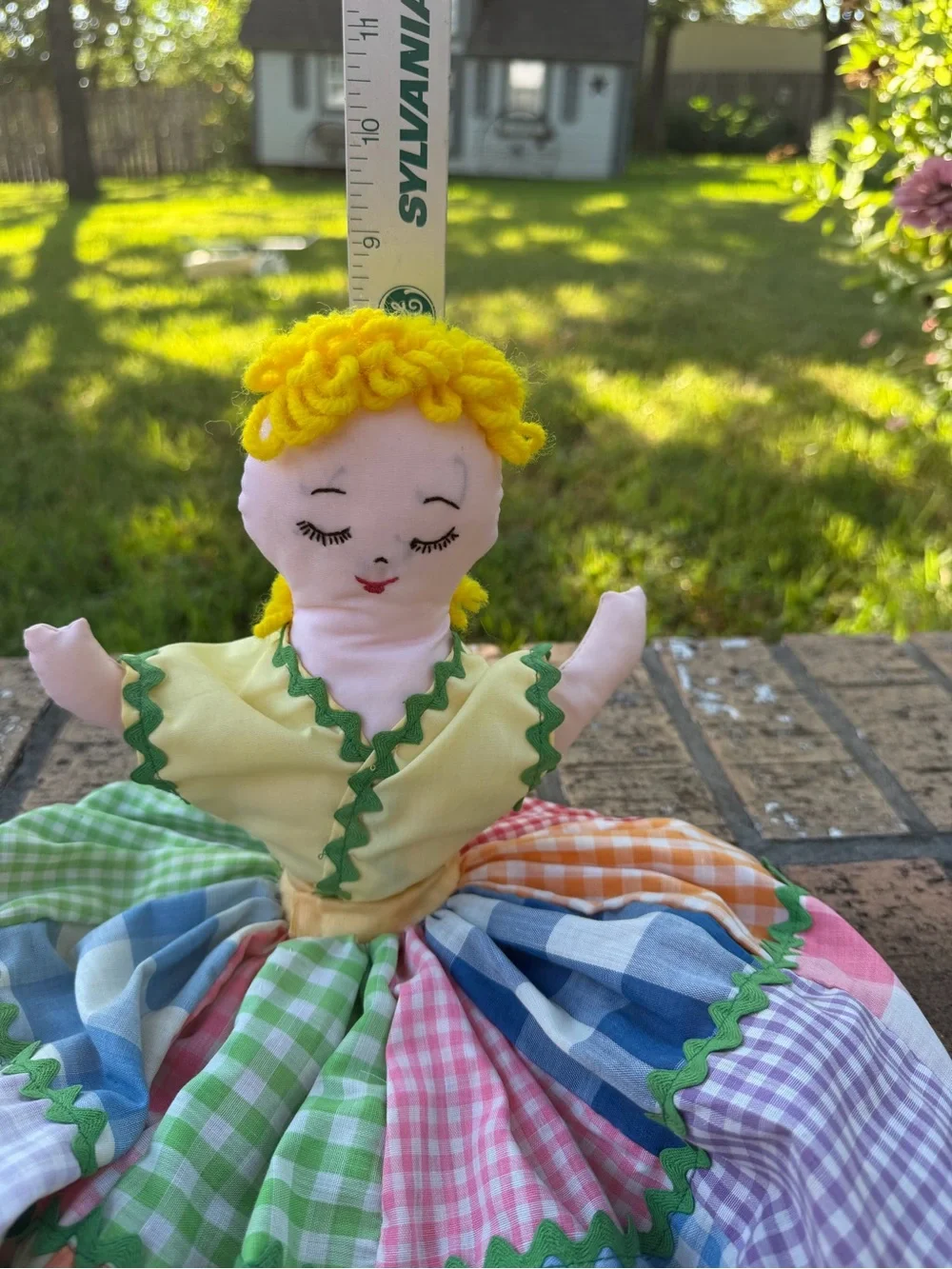 VTG 70’s Homemade Cloth Doll For Appliance Cover, Shelf Sitter Patchwork Skirt*